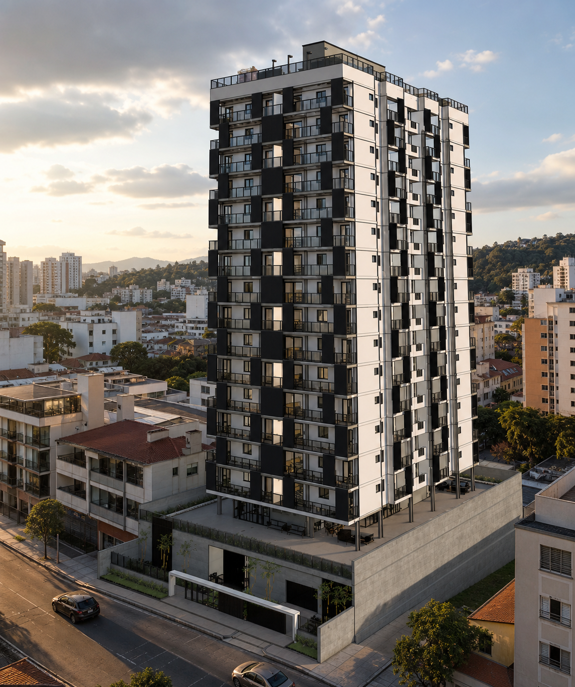 Vista principal da torre residencial de 15 pavimentos