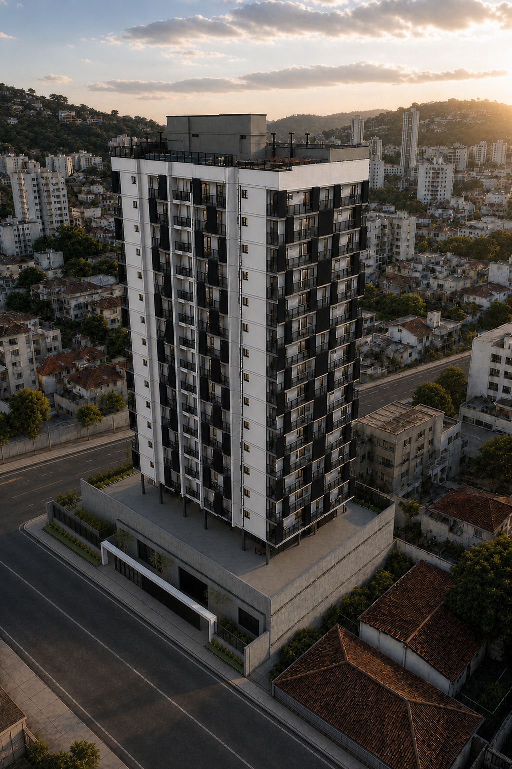 Vista aérea da fachada de acesso de uma torre residencial modelada em BIM