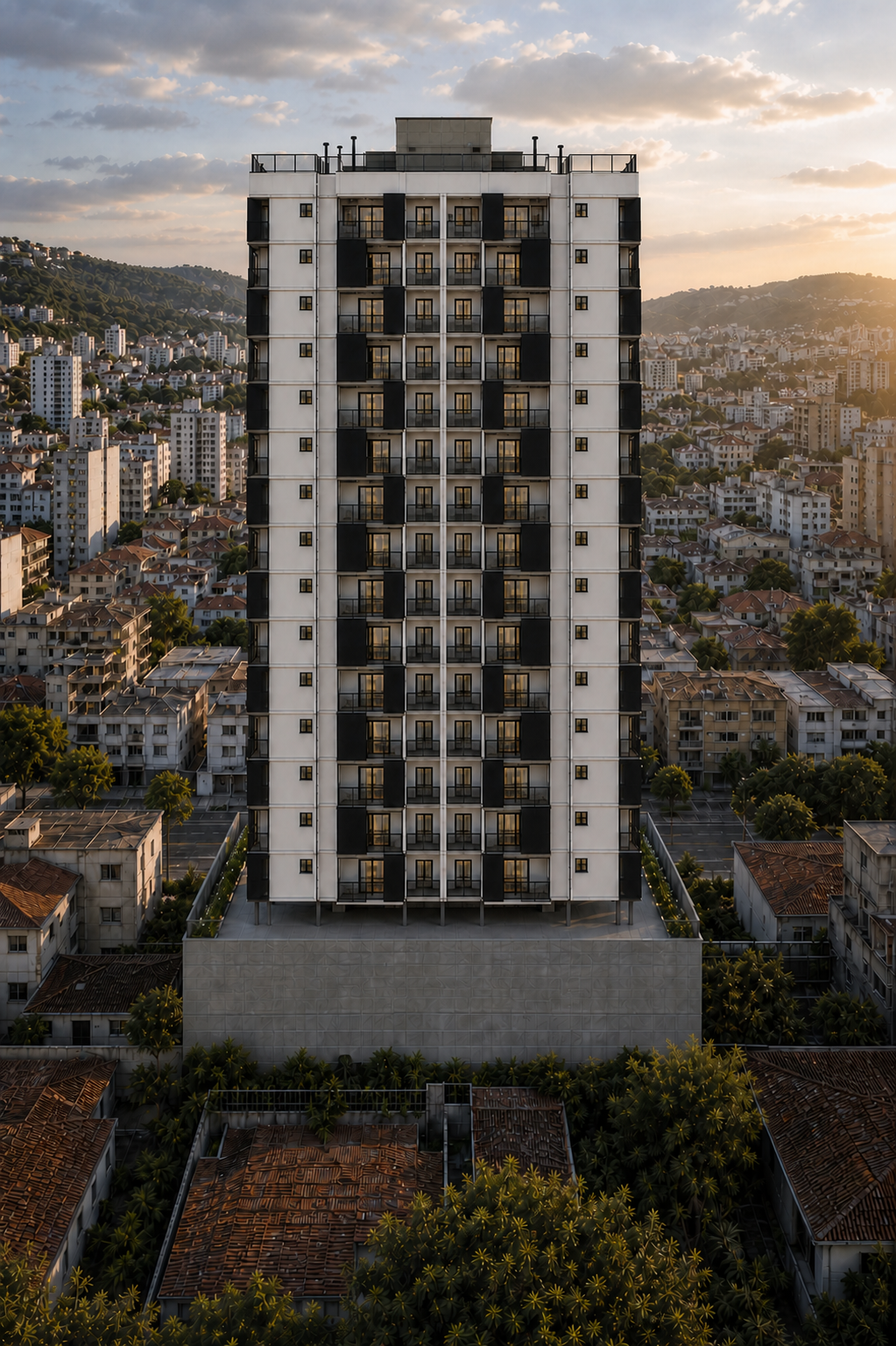 Vista aérea posterior da mesma torre residencial e sua implantação urbana